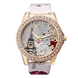Demarkt Damen Eiffelturm Strass Armbanduhr Quartz Analog,Mädchen Eiffelturm Leder Armbanduhr Analog Quartz Armbanduhr