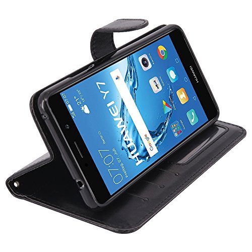 LK Huawei Y7 Funda  Carcasa Cubierta Cuero Billetera Case Flip Cover con Ranuras de Tarjeta - Negro