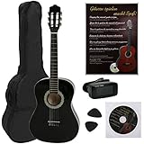 NAVARRA NV12PK - Guitarra clásica STARTER PACK 4/4 negro con bordes crema incl. funda con correas tipo mochila y bolsillo para partituras/accesorios, Libro con muchos hit-canciones y CD, Cliptuner pantalla LCD de aguja con iluminación de fondo, 2 Púa