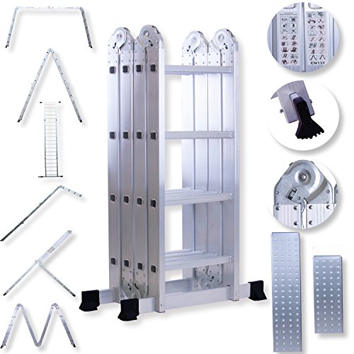 Masko® 6in1 Mehrzweckleiter 4.70M ALU Anlegeleiter Klappleiter Stehleiter Aluminium Modell: 4 x 4 Stufen mit Plattform