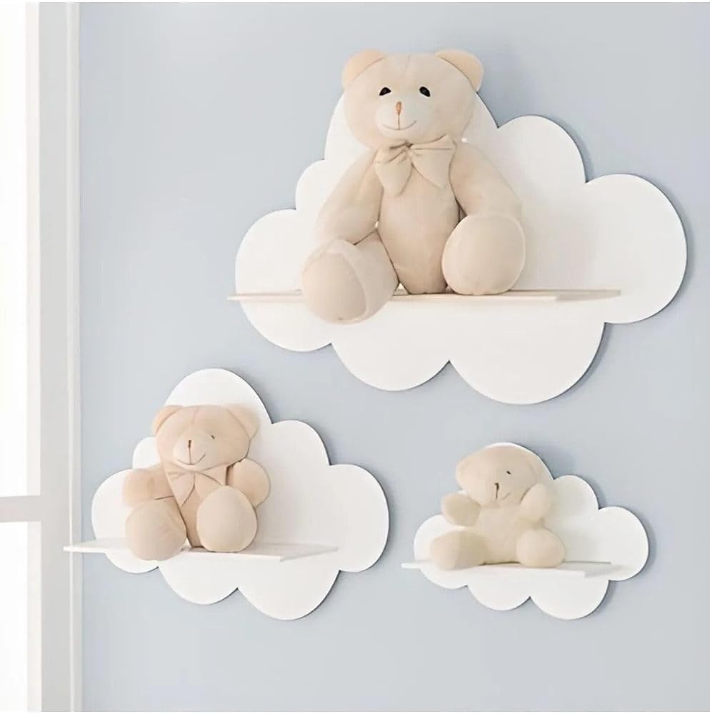 Kayasan Kids 3'lü Beyaz Dekoratif Bulut Çocuk Odası Duvar Rafı mdf