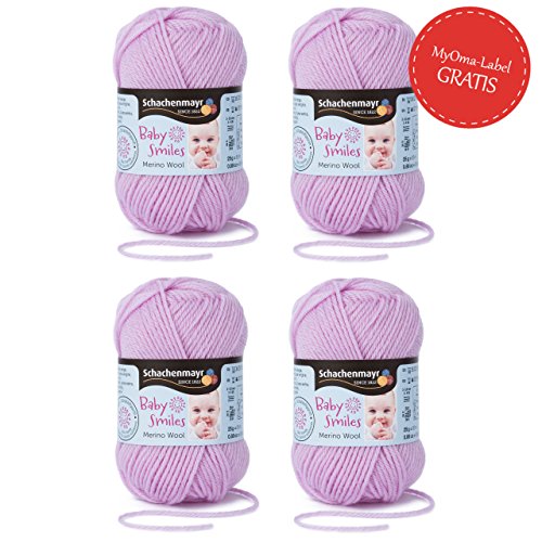 Baby Wolle mauve * 4x Baby Smiles Merino Wool Schachenmayr (je 25g) * kuschelweiche Babywolle zum Stricken lila (Fb 1034) – pflegeleichtes Baby Garn – Wolle für Babys + GRATIS MyOma Label – Babygarn