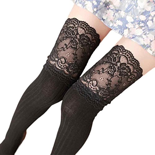 Preisvergleich Produktbild YunYoud Baumwollsocken Damen, Mädchen Winter Über Kniestrümpfe Weich Baumwolle Spitze Lange Socken Frau Mode Strümpfe Beiläufig Kuschelsocken (62cm, Schwarz)
