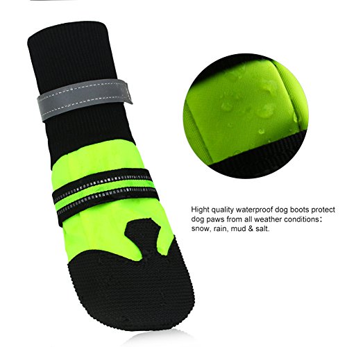 Magic-Zone-Waterproof-Dog-Shoes-Weave-Dog-Boots-Reflective-Velcro-Straps-and-Anti-Slip-Sole-Fluorescent-Green-4pcs