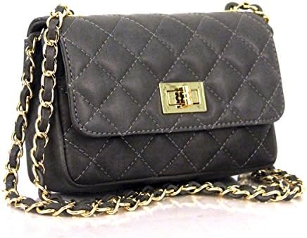 Beautiful Italian Leather Quilted Designer Style Classic Small Handbag with Gold Trim and Organza Gift Bag (Dark Grey)