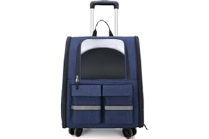DBLWIN Pet Trolley Backpack, Pet Carrier on Wheels, Multi-Function Pet Carrier Pet Detachable Trolley, Breathable Pet Travel Carrier for Dogs Cats Fit up 15kg (Blue)
