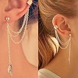 HuntGold 1X Punk Rock Cool Chain Link Tassels Metal leaves Cartilage Ear Clip Stud Earrings(gold)