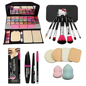 BTN Makeup Eyeshadow With 7pc Makeup Brush Set + 3 In1 Combo Mascara,eyeliner,pencil Beauty Blander With Makeup Spong (Set Of 4)