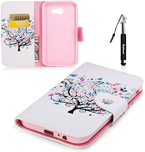 Galaxy A7 2017 White Leather Case,Flip Wallet Case for Samsung Galaxy A7 2017,Huphant Cherry Tree Premium PU Leather Case Cover Flip Wallet Case for Samsung Galaxy A7 2017 Exquisite Painting Smooth Touch Full Body Bumper Anti-Scratch Shell Magnetic Folio Holster Case with Card Slots Kickstand Function Shockproof Protective Case + Black Retractable Dust Plug Stylus Pen