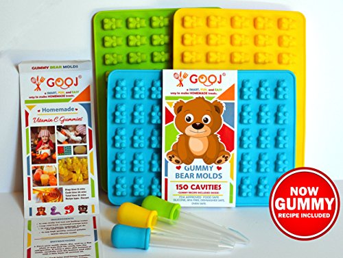 gooj-gummy Bär molds- 3 Silikon Formen 150 Gummy Bears + um 3 droppers- BPA-frei (3 Pack, blau, grün, gelb) Blue, Green and yellow - 7