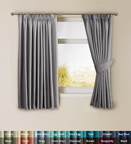 H.Versailtex Solid Thermal Insulated Blackout Pencil Pleat Anti - Mite Curtains for Bedroom with Two Free Tiebacks - Grey, Energy Saving & Noise Reducting, 66" Width x 54" Drop, Set of 2 pieces
