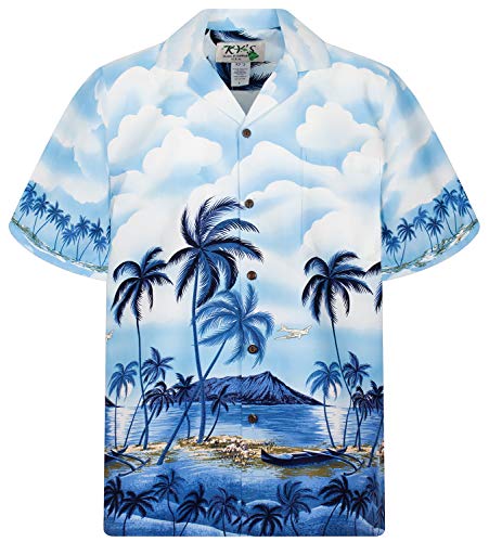 KY S | Original Hawaii Camicia | Uomo | S - 8 X L | Breve Braccio | Front della Stampa del | Hawaii | Spiaggia Palme Mare | Blu Blau Large
