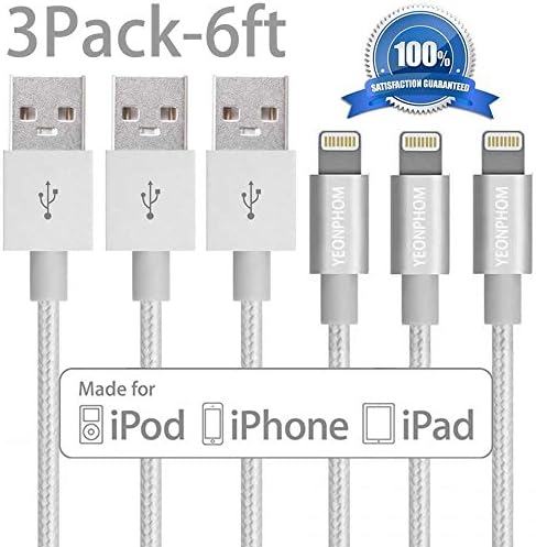 iPhone Charger, YEONPHOM 3Pack 6FT/2M Nylon Braided Lightning to USB Cable 8-Pin Data Sync Cord Charging Cable for Apple iphone 7/7Plus/6s/6s plus/6plus/6,SE/5s/5c/5,iPad Mini/Air/Pro, iPod(Silver)