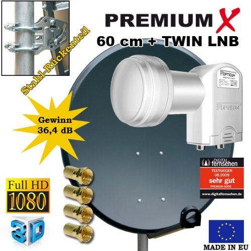 PremiumX Digital SAT Anlage 60 cm Schüssel Spiegel Antenne Anthrazit + Opticum Twin LNB 0,1dB für 2 Teilnehmer + 4 F-Stecker 7mm vergoldet - 2
