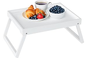 RRX Betttablett Tisch mit klappbaren Beinen, Bambus Frühstück im Bett Essen, Servieren oder Verwendung als Serviertablett, Laptop-Schreibtisch, Snack-Tablett (Weiß)
