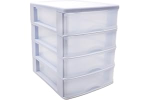 CABLEPELADO Torre de Almacenamiento con 4 cajones, Cajonera de plástico, Torre de almacenaje, Organizador de escritorio, 35 cm alto x 27 cm ancho x 35 cm fondo, Apto para escritorio, Blanco