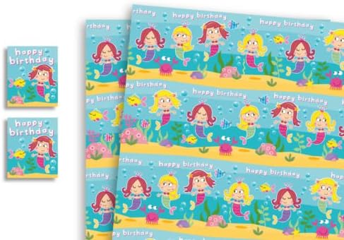 Convenient Birthday Bundle. Children's Luxury Mermaid Gift Wrap with matching Personalised Birthday Card