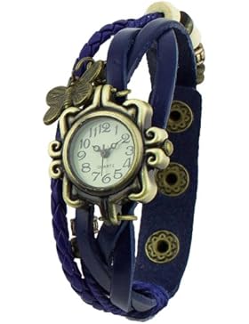 Damen Retro Leder Armbanduhr Schmetterling Quartz Strick Uhr Armreif Armband Blau