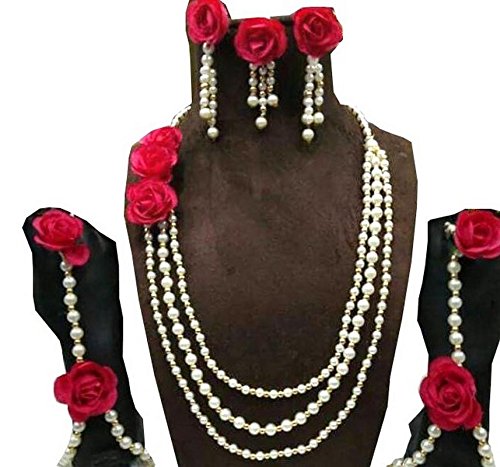 QUVYARTS Non-Precious Metal Red Jewellery Set with 2 Earrings, Bracelets, and Maang Tika for Women