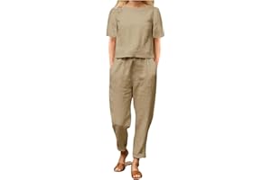 AEGJEGVD Leinen Outfits Damen Leicht Baumwolle Hosenanzug 2 Teiler Bluse Tshirt und Lange Hosen Freizeitanzug Casual Einfarbig Jogginganzug Leicht Atmungsaktiv Sportanzug Lose Elegant Tracksuit 2024