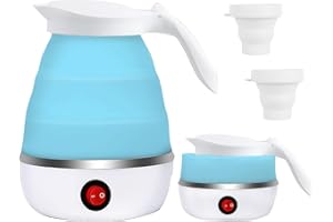 RANJIMA Bouilloire Pliable, Mini Bouilloire Electrique, 0.6L Bouilloire de Voyage en Silicone, Portable Petite Bouilloire Camping avec 2 gobelets pliables pour Camping Voyages Vacances Extérieur