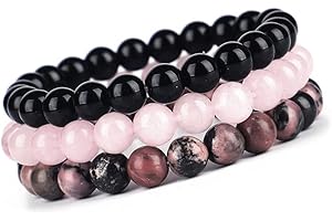 UNIQUE GEMS Unique Bracelet avec 3 Chakras de guérison Agate Quartz Rose Jaspe Perles 8mm unisexe extensible 16cm à 19cm