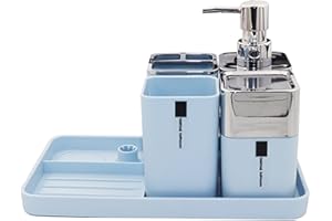 London Boutique Bathroom Accessory 5 Pieces Set Bath Set Toothbrush Holder, Tumbler, Soap Dispenser, Cotton Box and Organise Tray with Soap Dish (Blue)