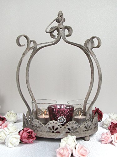 Teelichthalter, Gartenlaterne, Windlicht, Tablett „Krone“, Metall im Antik-Look, mit 3 Teelichthaltern. Höhe 36 cm, zum Stellen & Hängen - 5