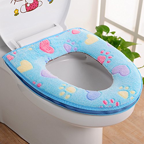 CHIC*MALL Toilet Seat Cover Bathroom Warmer Plush Soft Round Toilet Washable Seat Lid Cover Pads (Blue catlike)