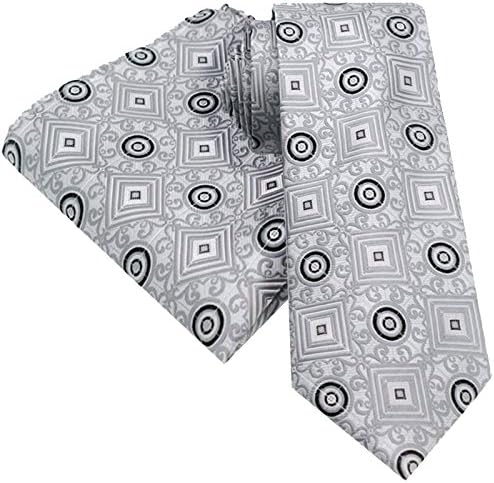 GREY AND BLACK GEO GEOMETRIC SILVER SET MIX PATTERN DESIGN PATTERN WIDE TIE HANDKERCHIEF HANKY SET 146cm X 8CM STANDARD TIES WITH MATCHING HANKY HANDKERCHIEF SILK BLEND POCKET SQUARE BIRTHDAY WEDDING