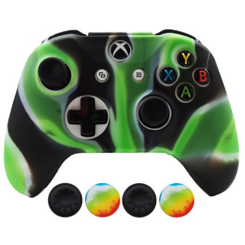 Hikfly Silicone Controller Cover Skin Protector Case Faceplates Kits for Xbox One X / One S /Slim Controller Video Games with 4pcs Thumb Grips Caps(Green Camouflage)
