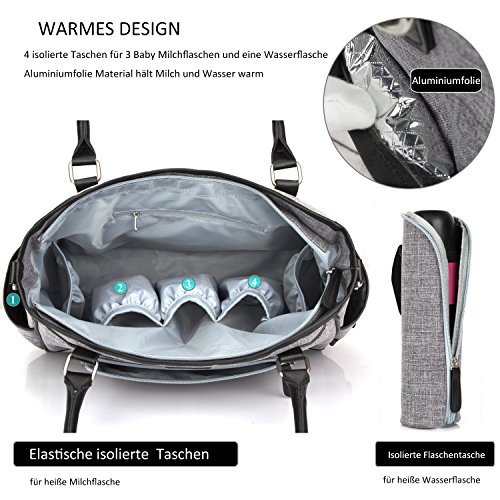 Baby Wickeltasche, BRINCH Multifunktion Baby Windel Umhängetasche tragbare Einkaufstasche mit Wickelunterlage, Isolierte Tasche, Kinderwagenbefestigungen - 3