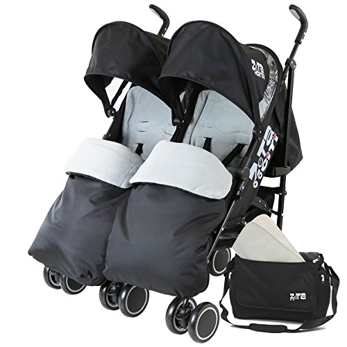 Zeta Citi TWIN Stroller Buggy Pushchair - Black Double Stroller Complete With FootMuffs And Bag