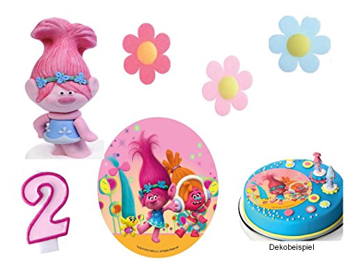 Tortendeko Trolls 6 teilig Tortenaufleger 2. Geburtstag Kindergeburtstag Kuchen Deko Junge Mädchen Film Trolls Zahlkerze 2