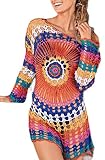  dahuo Vestido de Playa de Verano con Mangas largas y Crochet, con Cubierta de arcoíris, para Mujer Rojo Rosso Talla única
