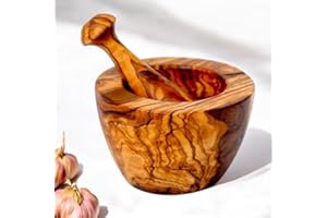 OLIVEART Handcrafted Olive Wood Mortar and Pestle Set | Premium Natural Wood Grinder Bowl Perfect for Herbs Garlic Guacamole Garlic Seeds Spices | Rustic Kitchen Tool (Natural Wood Grain, 16 cm)