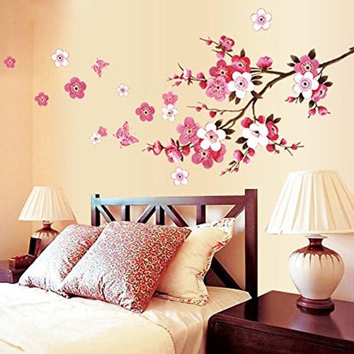 Wall Sticker,Bedroom Flowers Butterfly Peach Blossom Sakura Wall Sticker Bedroom Living Room Decorations