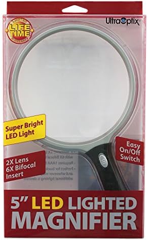 UltraOptix Jumbo 5-inch LED Illuminated Lighted Hand Magnifier - big hand held magnifying glass with light and huge lightweight plastic lens to highlight large areas - text, pictures, maps