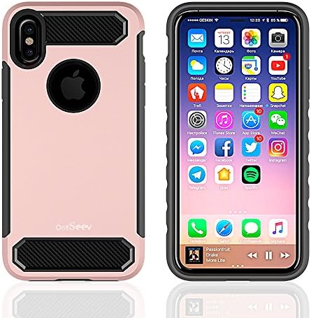 iPhone X Case, Ontseev® Rose Gold Dual Layer Tough PC + Sillicone Inner Hybrid Back Cover Ultra Protective Heavy Duty Case Shock Absorbing Hard Cover Detachable Shockproof Phone Shell Defense Shield Drop Protection Bumper Case Anti Scratch Cover for iPhone X