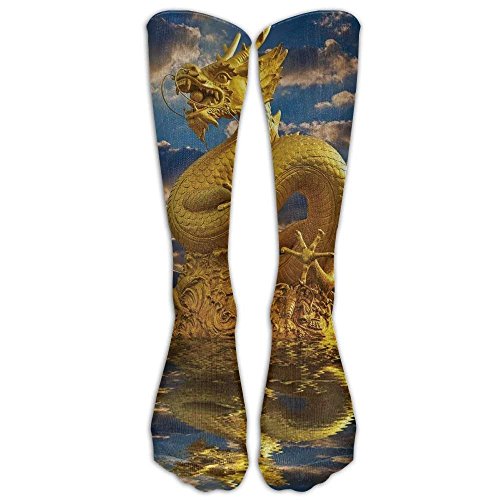 Long Golden Dragon Statue Oriental Statue Traditional Temple Lover Wonder Wildlife Animal Design Socks Women's Winter Vintage Cotton Wool Knit Long Crew Socks