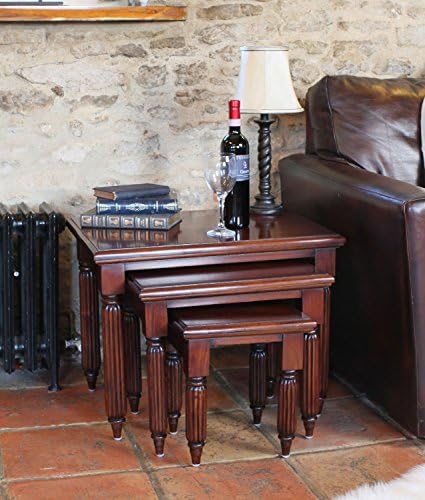 La Roque Solid Mahogany Nest of 3 Tables Gloss Lacquer Finish | Solid Oak Occasional Coffee Table set | Wooden Side / End / Lamp Nesting Set