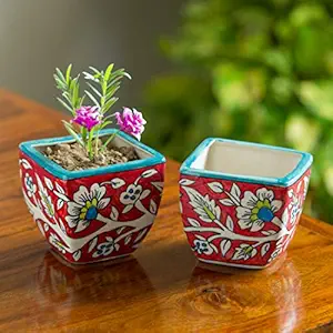 ExclusiveLane Mughal Roots Floral Hand-Painted Ceramic Planters Pot (Set of 2) -Flower Pots for Home Garden D