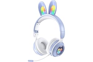 Woukksy Children's Bluetooth Headphones, Foldable Wireless Children's Headphones with Removable Microphone, Rabbit Ear LED Lights, Children's Headphones 85 dB Volume Limit for School/Travel, Blue