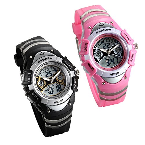 Lancardo Mädchen Kinder Armbanduhr, 30 Meter Wasserdicht Digital Sport Outdoor Uhr, Dual Zeitzone Design, Multifunktions mit Alarm Kalender Woche Stoppuhr, pink schwarz