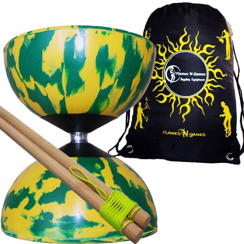 Mr Babache Diabolo Arlecchino (Verde/Giallo) con Bacchette Legno Per Diablo, Filo Diabolo + borsa.