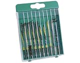 Contenido: madera: 3 x corte muy basto, 2 x corte basto, 2 x corte curvado, 1 x corte limpio, 1 x chapas gruesas, 1 x chapas delgadas