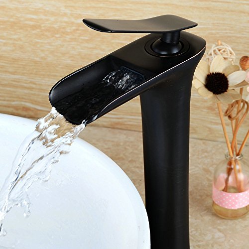 Grifo Lavabo Cascada Monomando,Grifos Baño de Latón,Negra,Montaje en encimera, un solo agujero,Hiendure HE6009BH