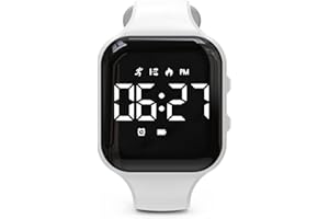 FOCWONY Montre de suivi d'activité à LED sans Bluetooth, podomètre, compteur de pas, distance, calories, chronomètre, réveil, excellent cadeau pour enfants, adolescents, filles, garçons, Noël (carré – blanc)