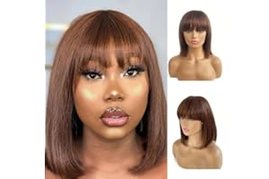 REBASAR Peluca Mujer Pelo Peluca Recto Corto Bob con Flequillo Peluca de Cabello Humano Liso para Mujeres Pelucas Brasileñas No Lace Bob Wig Human Hair Marrón Chocolate 10 Inch