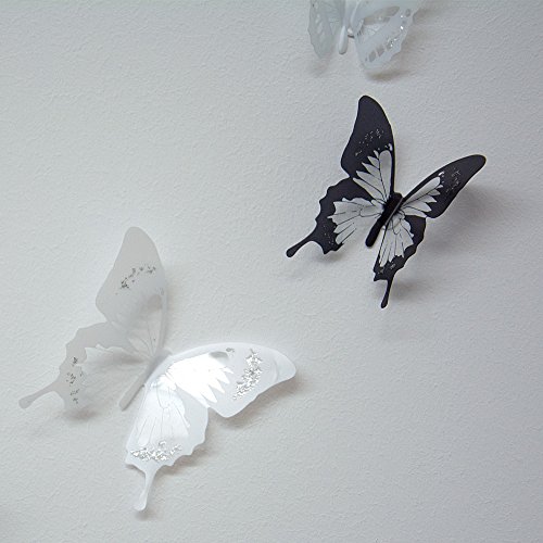3D Schmetterlinge schwarz-weiß , Wanddeko, Wandtattoo mit Glitzer 18 Stück - 3